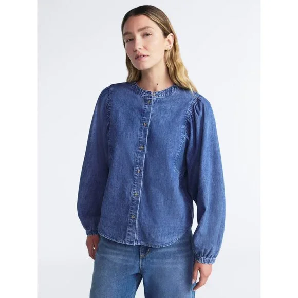 Scoop Women's Cotton Denim Shirt with Blouson Sleeves, Size S (4-6), Button - Picture 2 of 5